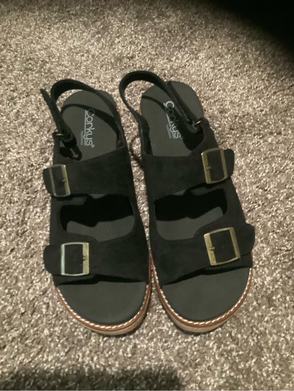 Corkys Black Suede Triple Buckle Slingback Sandals